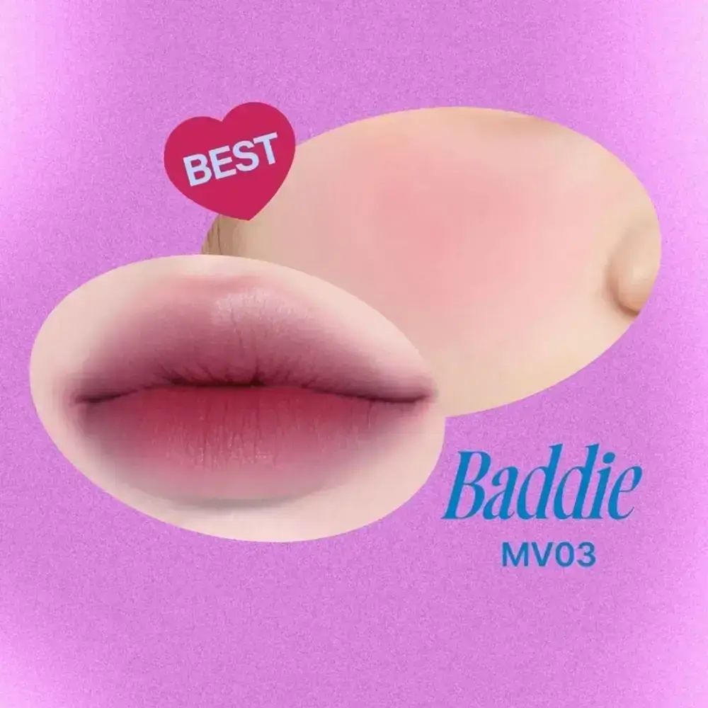 Afbeelding van lippen en wangen. Lippen met kleurverloop. Wangen rood. Tekst: Baddie MV03. Hart-icoon met 'BEST'.
