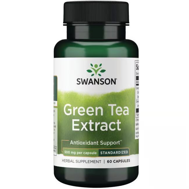 Groene fles met zwarte dop met capsules. Opschrift: SWANSON, Green Tea Extract, 500 mg per capsule.