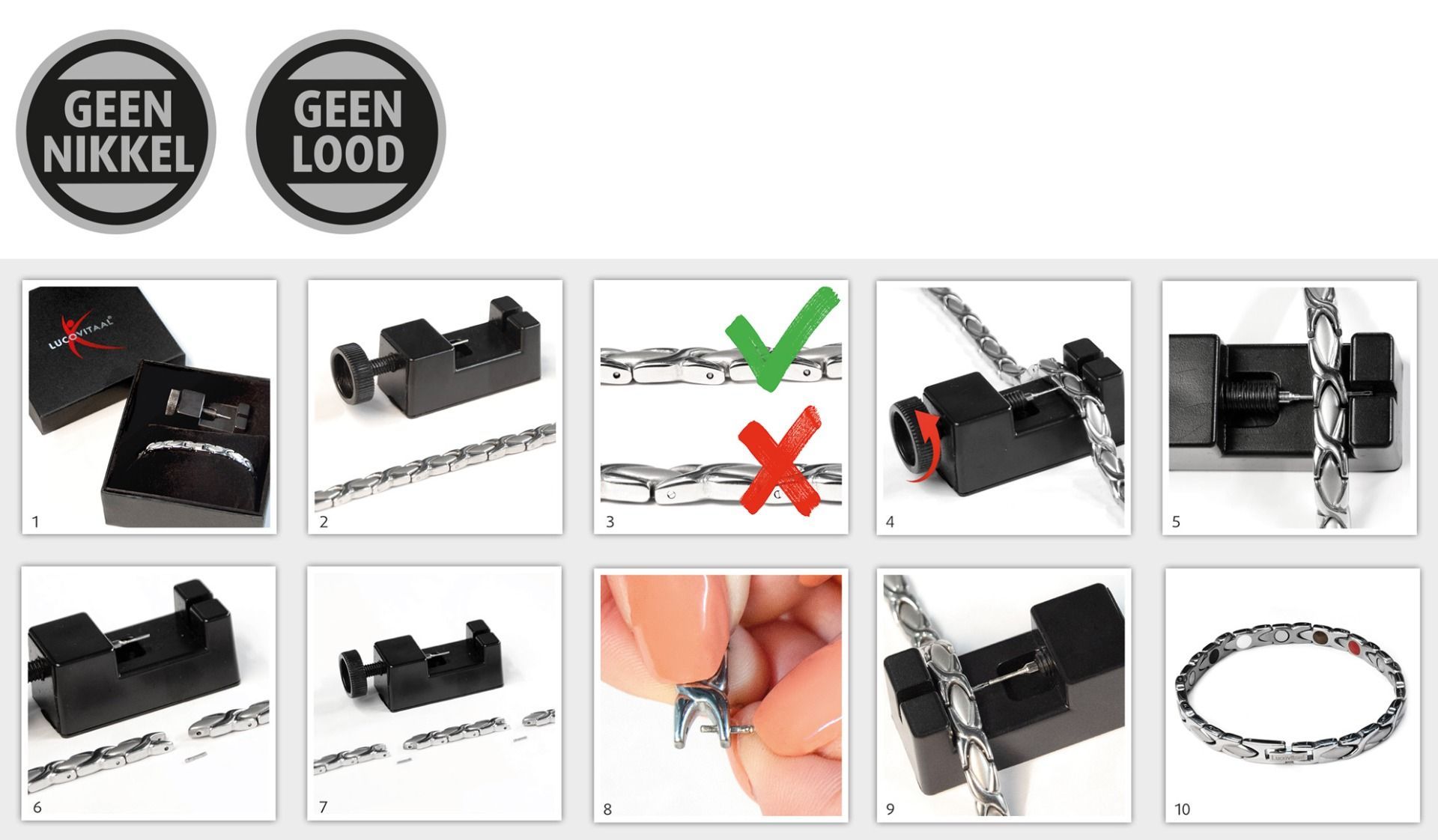 Instructies voor het aanpassen van de maat van een armband. Geen Nikkel, Geen Lood. Verschillende gereedschappen en stappen worden getoond.