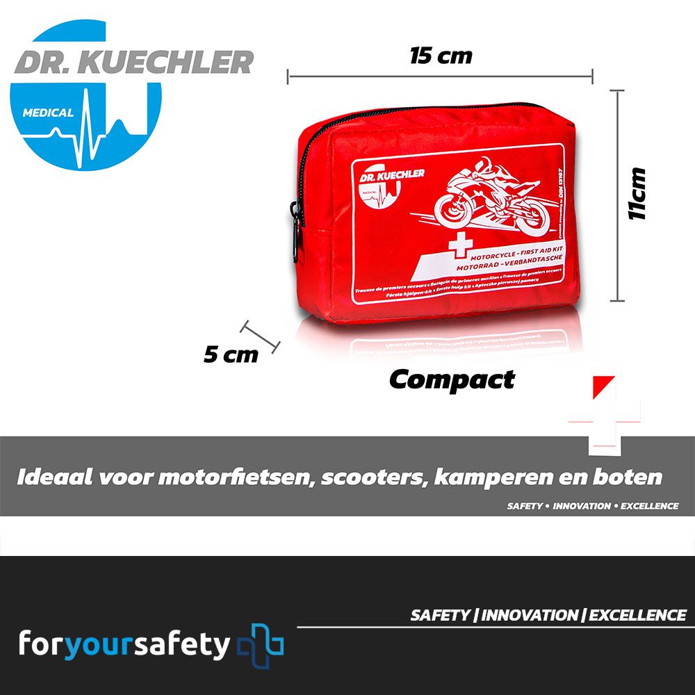 Rode EHBO-tas voor motorfiets. Afmetingen: 15x11x5 cm. Tekst: Kompakt. Ideaal voor motorfietsen, scooters, kampeerders en boten.