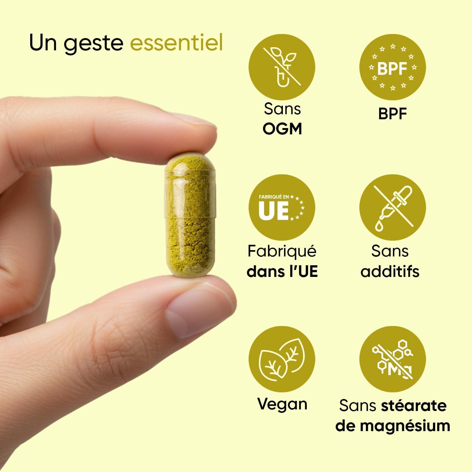 Gélule jaune remplie de poudre, tenue par un doigt. Icônes : 'Sans OGM', 'Fabriqué dans l'UE', 'Vegan'.