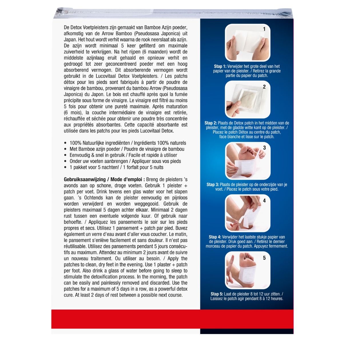 Dos de l'emballage avec texte en néerlandais et illustrations. Contient des informations sur les ingrédients et l'utilisation.
