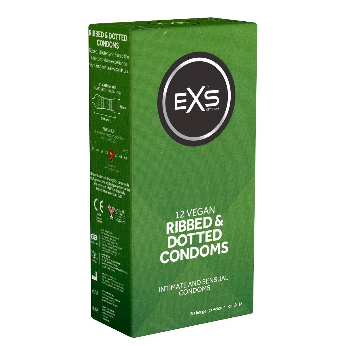 Groene verpakking EXS "Ribbed & Dotted Condoms". 12 veganistische condooms. CE-markering. Afmetingen.