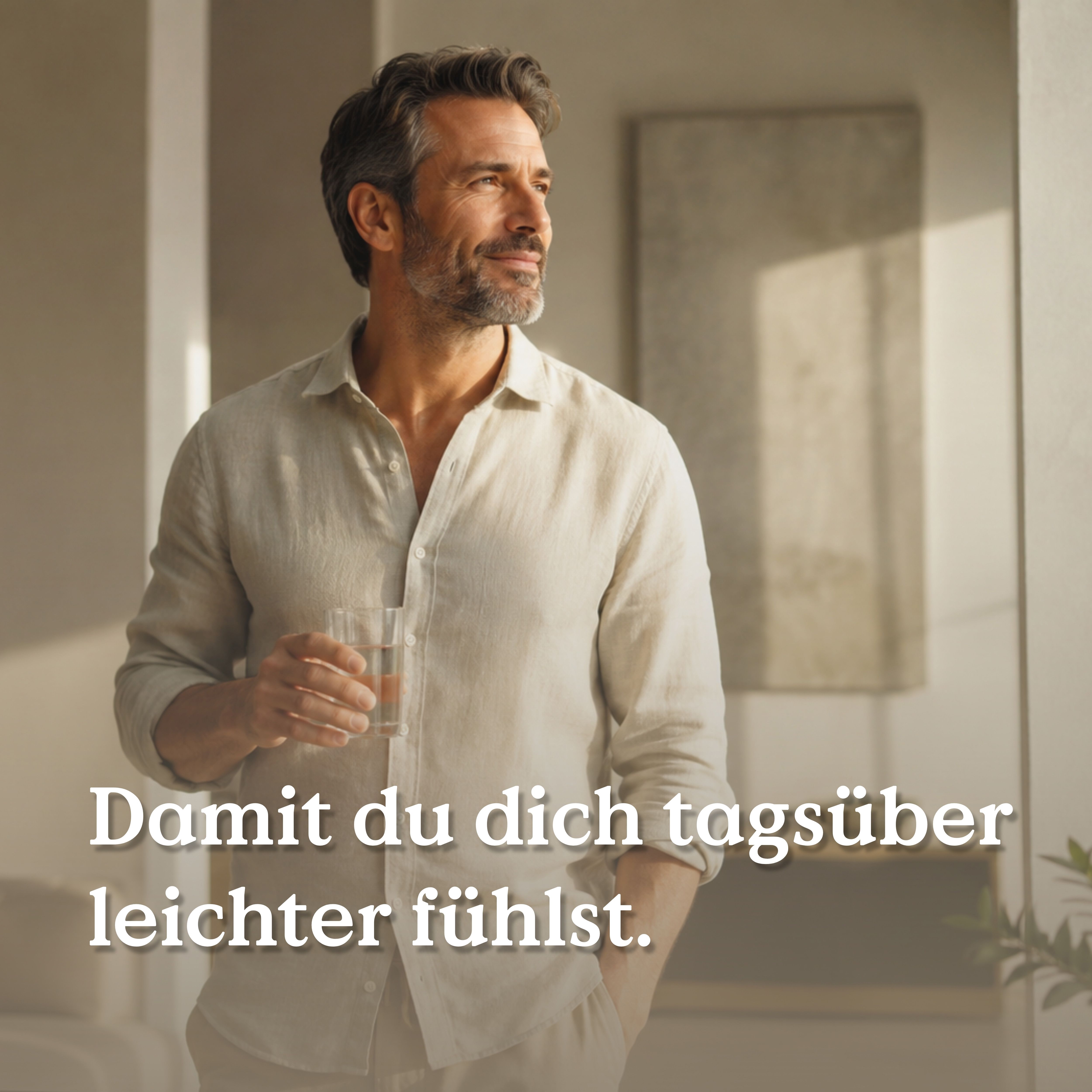 Homme tenant un verre d'eau, souriant pensivement. Texte : Pour que vous vous sentiez plus léger pendant la journée.