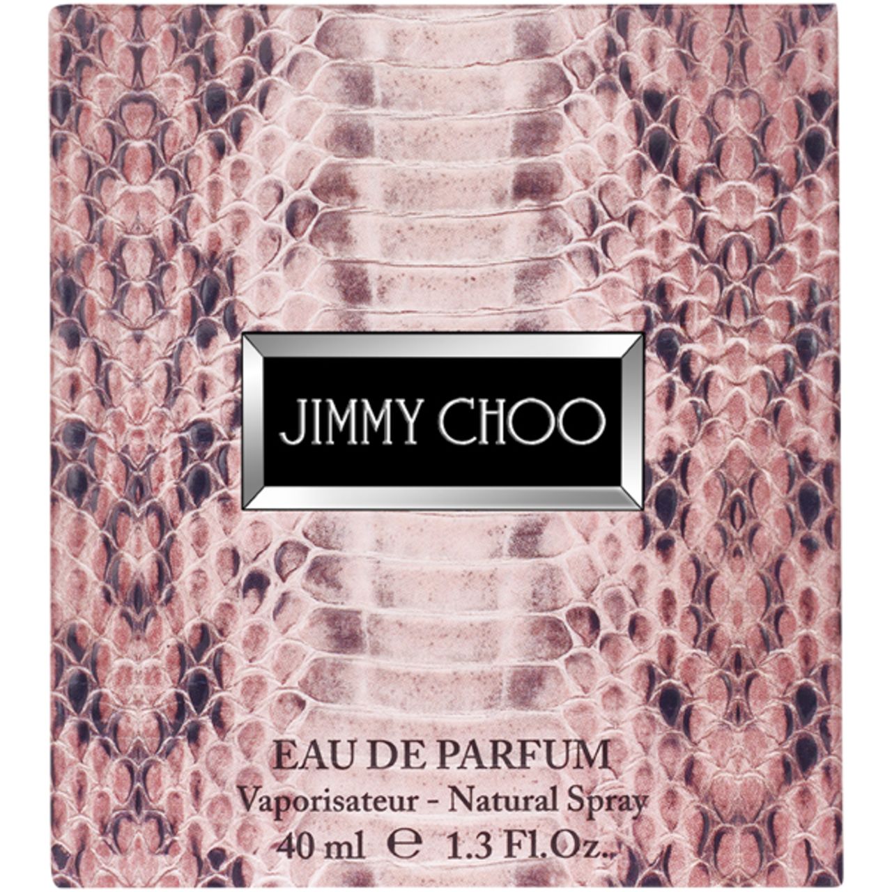 Boîte avec motif serpent. Logo « JIMMY CHOO » dans un rectangle noir. Texte : Eau de Parfum, Natural Spray, 40 ml.