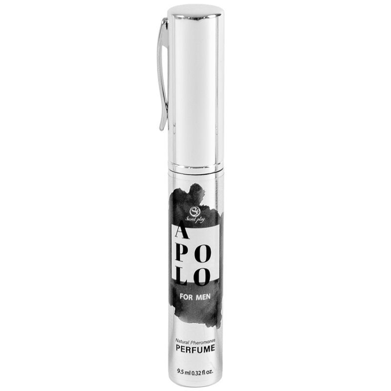 Vaporisateur argenté avec étiquette noire "APOLO FOR MEN PERFUME".