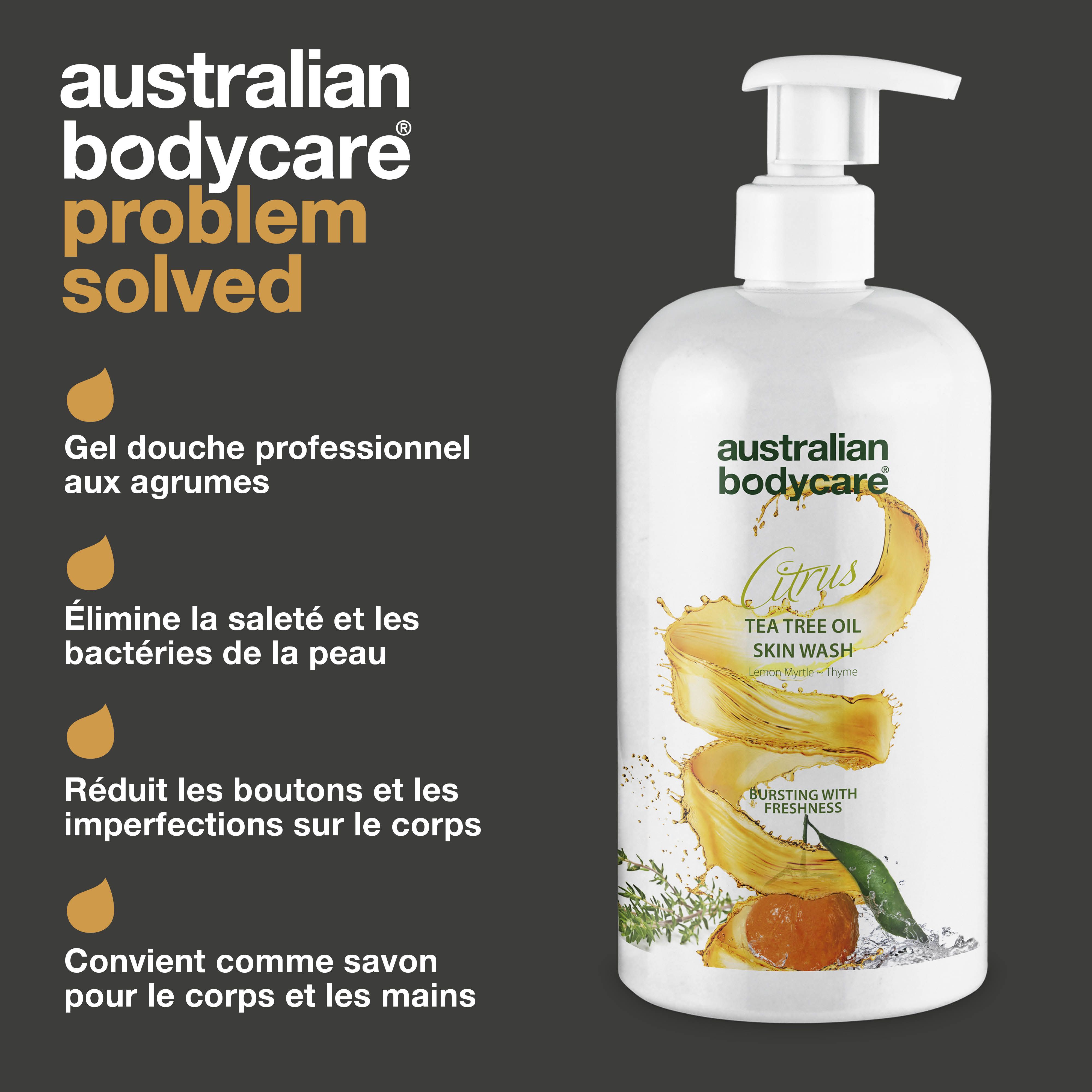 Flacon Australian Bodycare Citrus Skin Wash. Texte: Gel douche professionnel aux agrumes. Élimine la saleté.