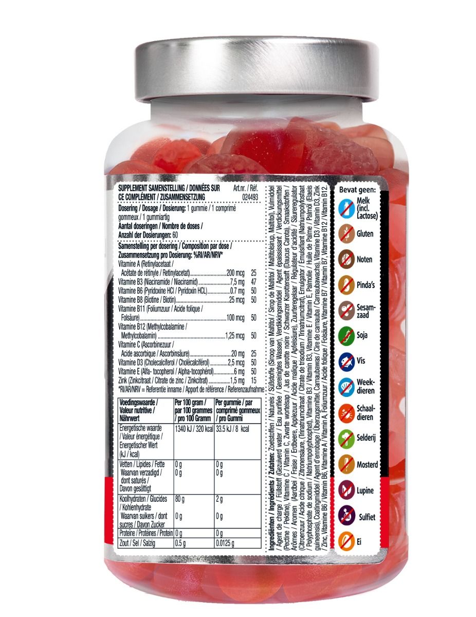 Achterkant van een fles met rode gummies. Bevat informatie over ingrediënten, voedingswaarde en allergenen. Tekst in meerdere talen.