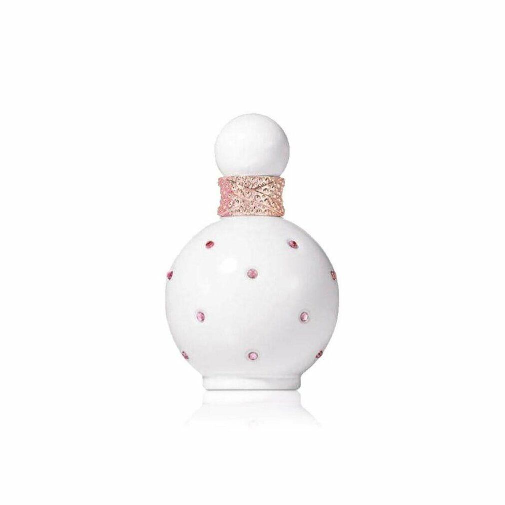 Flacon blanc rond avec pierres roses. Col et bouchon roses décorés. Bouchon blanc.