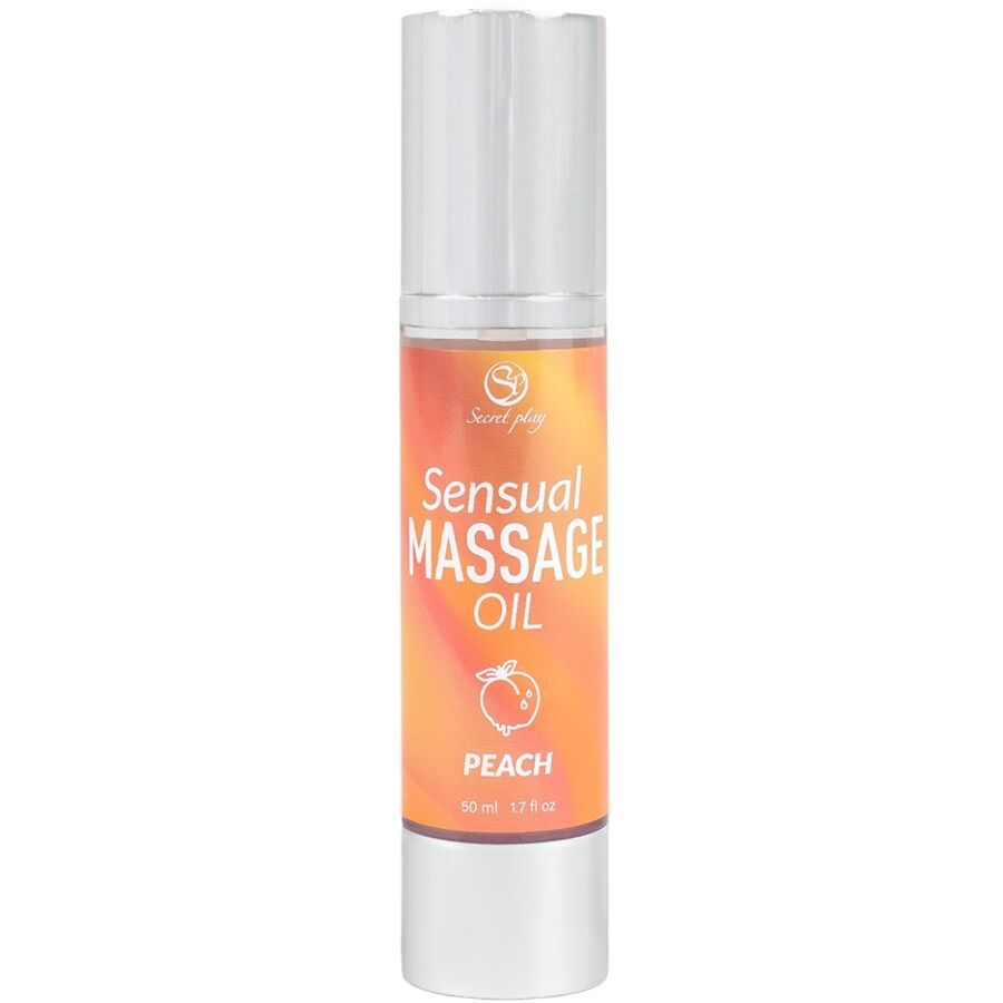 Flacon d'huile de massage. Inscription: Sensual Massage Oil Peach. Bouchon et pompe argentés. Fond orange.