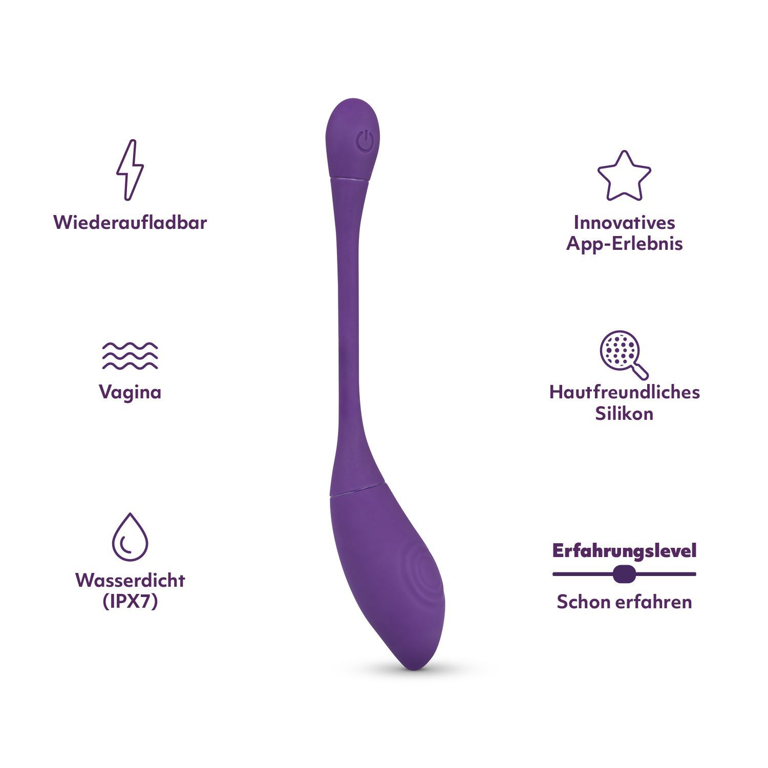 Produit de bien-être violet avec tige allongée et tête arrondie. Symboles: rechargeable, étanche, expérience d'application, silicone.