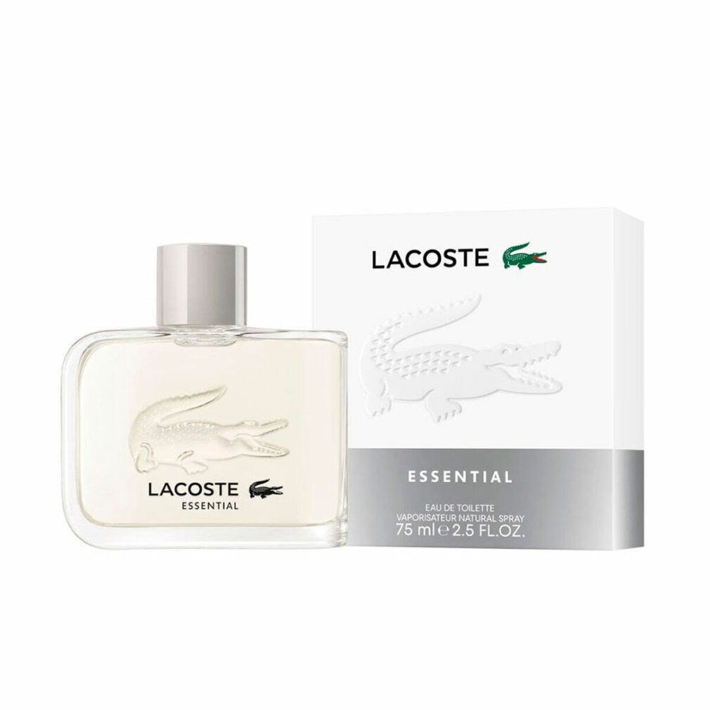 Flacon Lacoste Eau de Toilette Essentiel 75ml avec crocodile en relief et sa boîte.