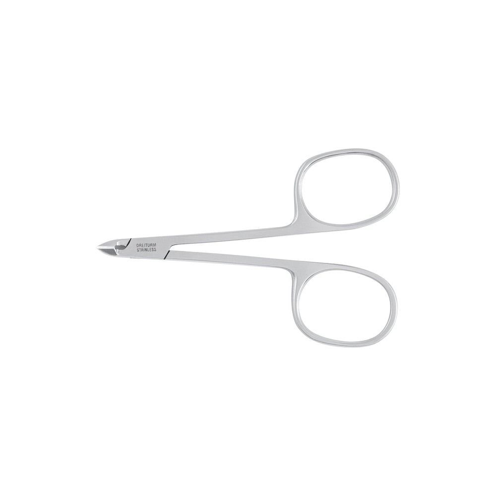 Ciseaux à cuticules en métal. Avec des poignées rondes et une pointe fine. Inscription sur la lame.