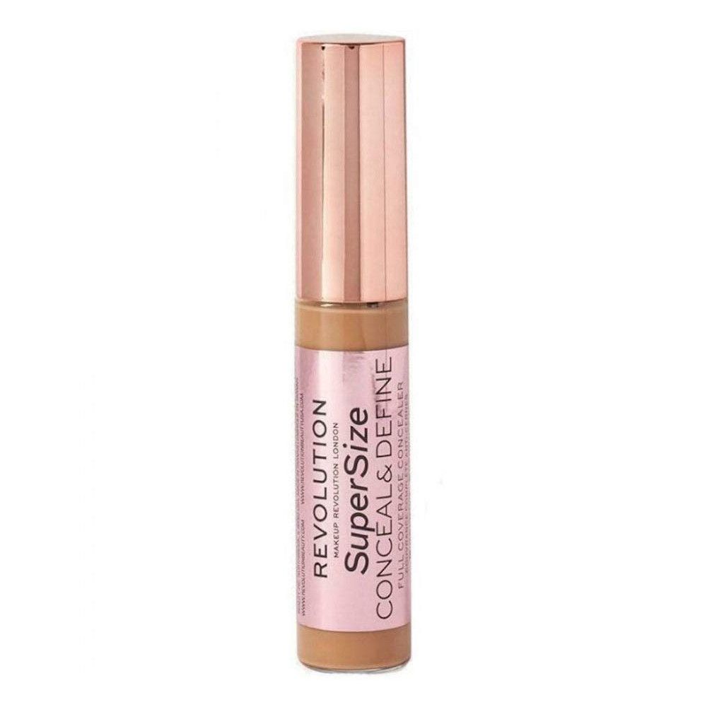 Bâton de correcteur avec étiquette rose. Texte: Super Size, Conceal & Define.