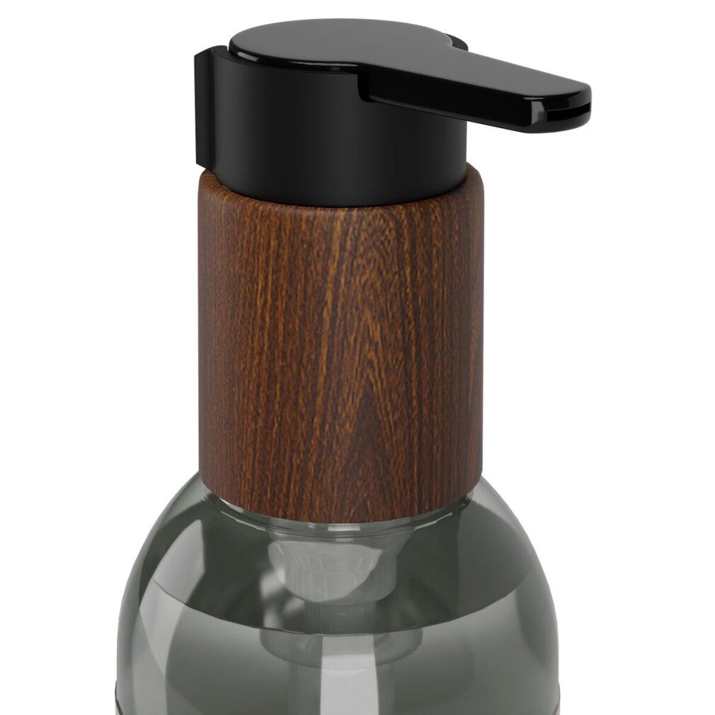 Distributeur de savon avec manchon effet grain de bois et tête de pompe noire.