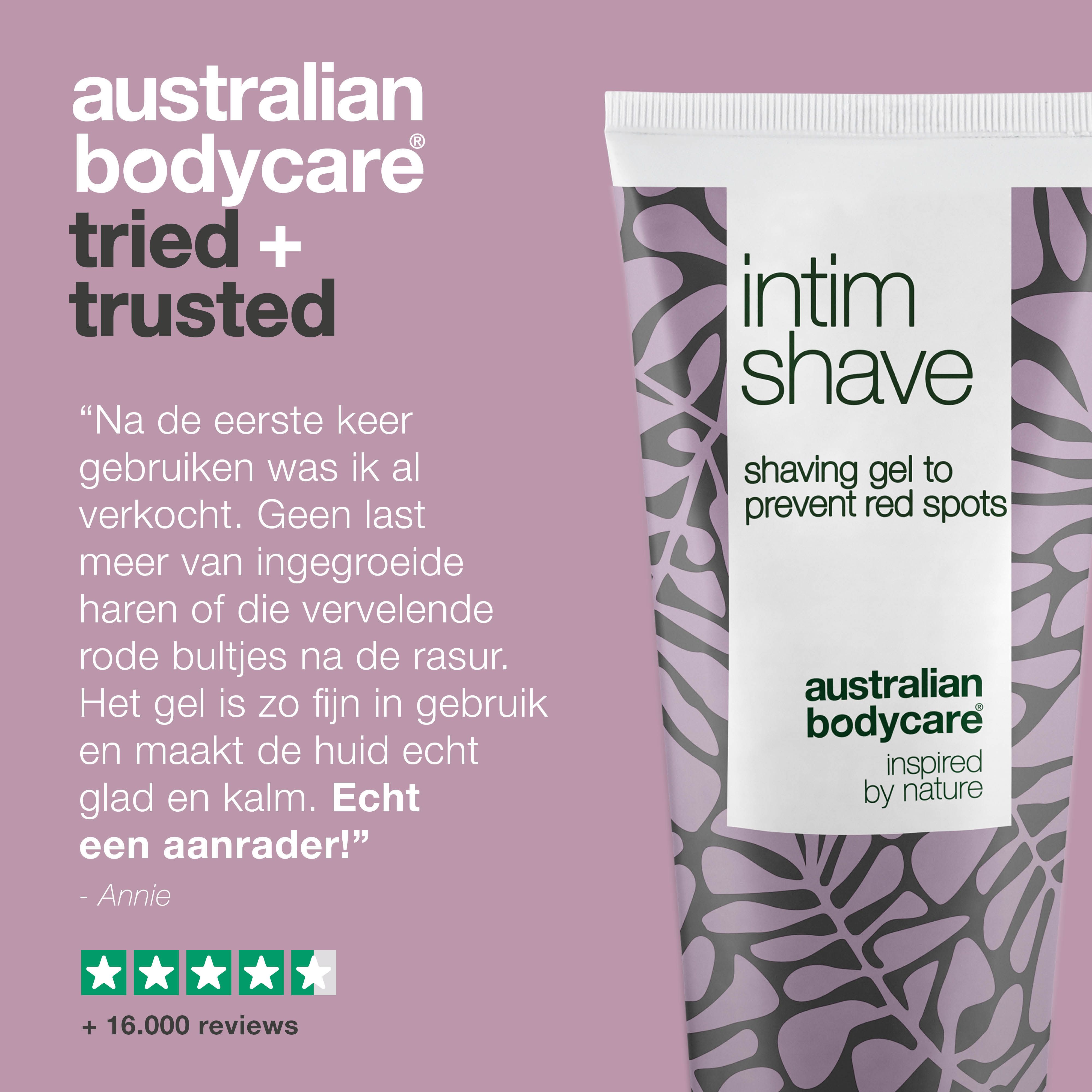 Intim Shave scheergel, tekst: Australian Bodycare, getuigenis. Sterrenbeoordeling. Roze vlek.