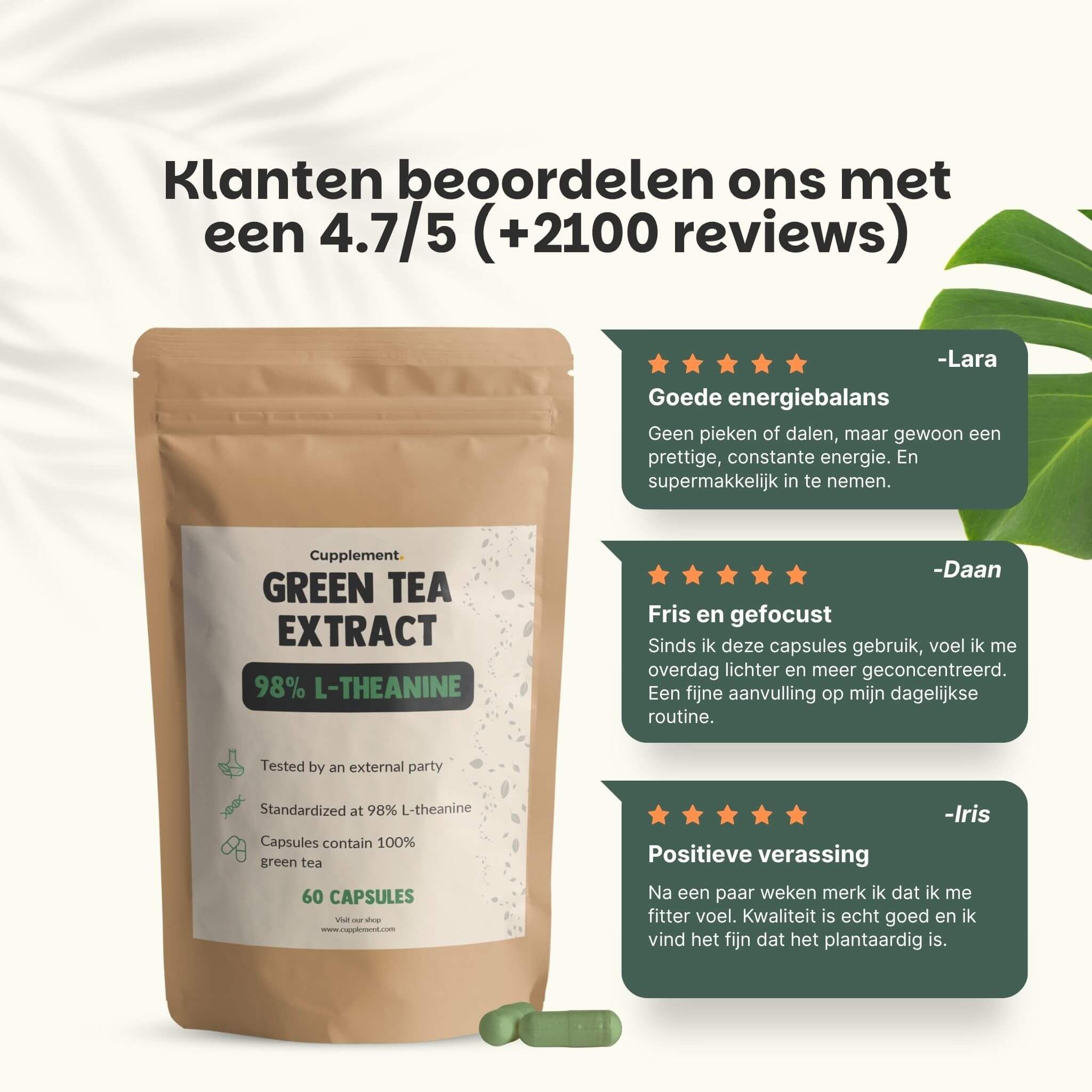 Bruine zak met groene capsules. Tekst: 100% natuurlijke groene thee capsules. 200 mg per capsule. 60 capsules.
