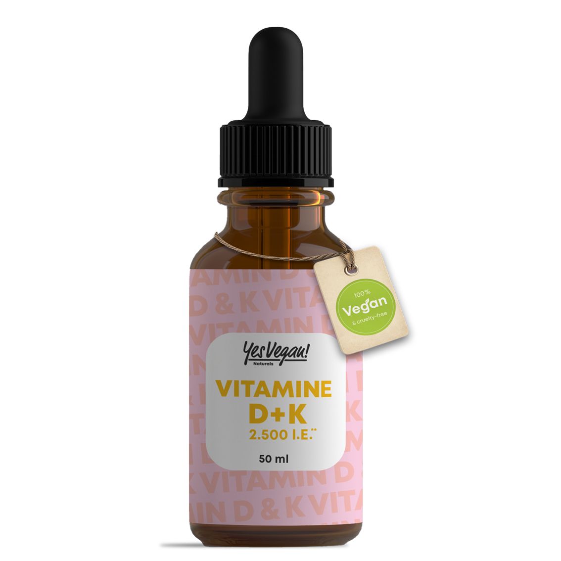 Fles met druppelaar, toont "Yes Vegan! Vitamine D+K" etiket.