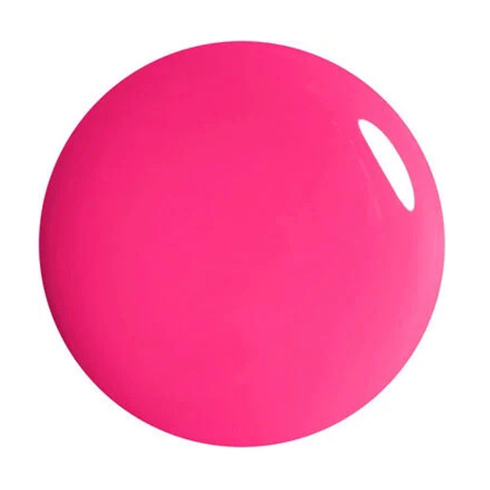 Test de vernis à ongles rose vif, forme circulaire. Surface brillante. Fond blanc.