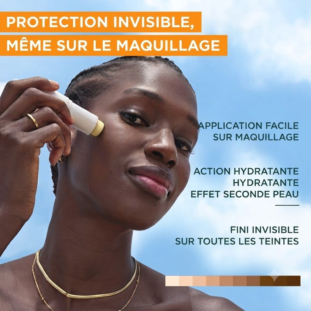 Femme appliquant un bâton de protection solaire sur sa joue. Le bâton est blanc avec un contenu jaune.
