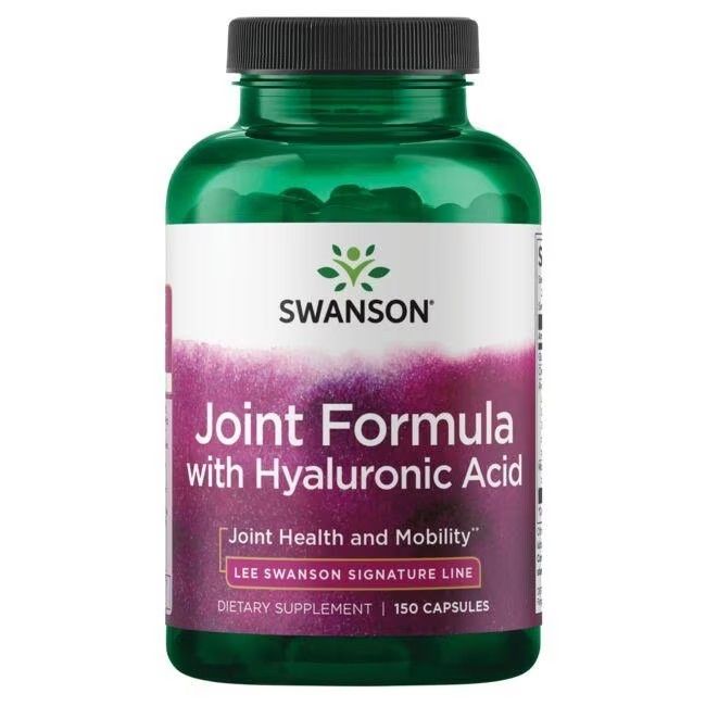 Flacon vert avec étiquette blanche. Inscription: SWANSON Joint Formula avec acide hyaluronique. 150 gélules.
