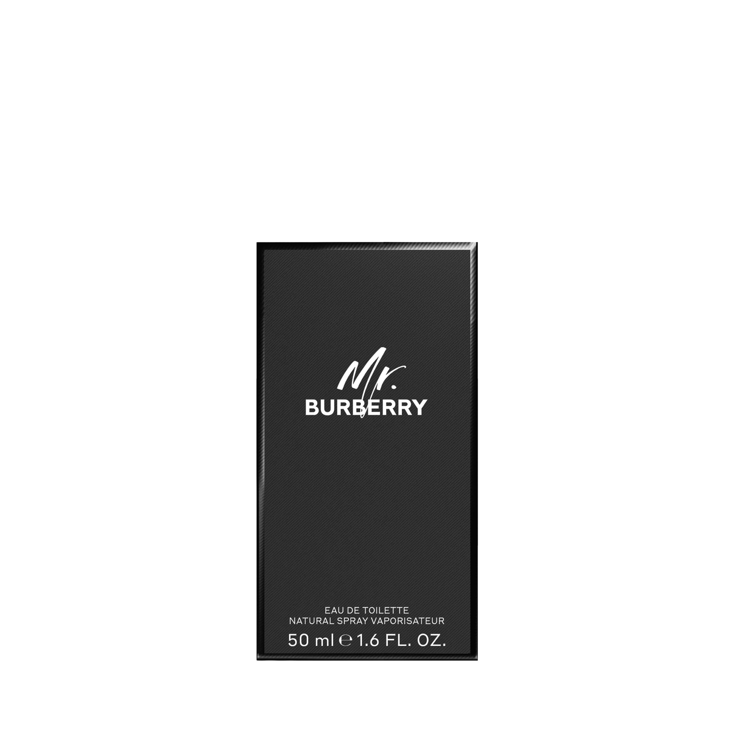 Boîte noire avec logo "Mr. Burberry" blanc. Texte : Eau de Toilette, 50 ml, 1.6 FL OZ.