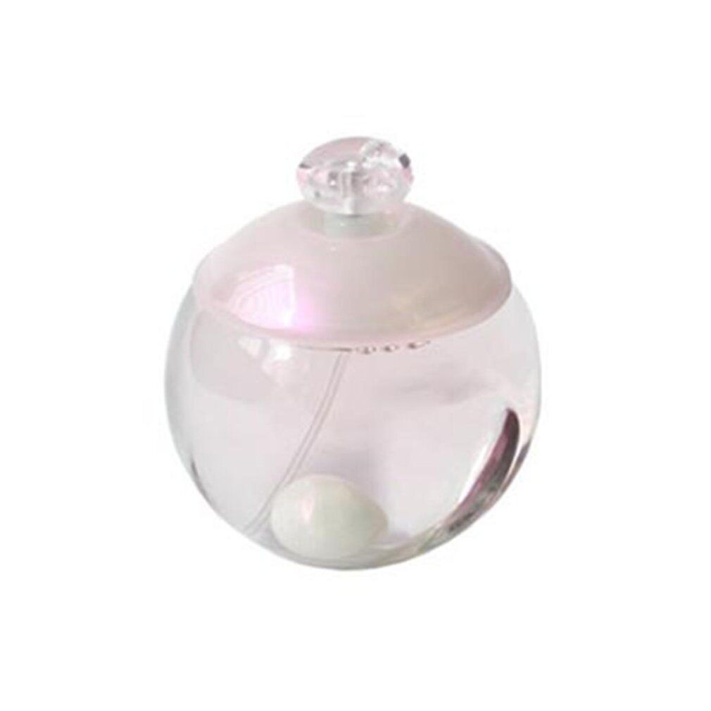 Flacon rond en verre avec bouchon rose et bille. Le flacon contient une bille blanche à l'intérieur.