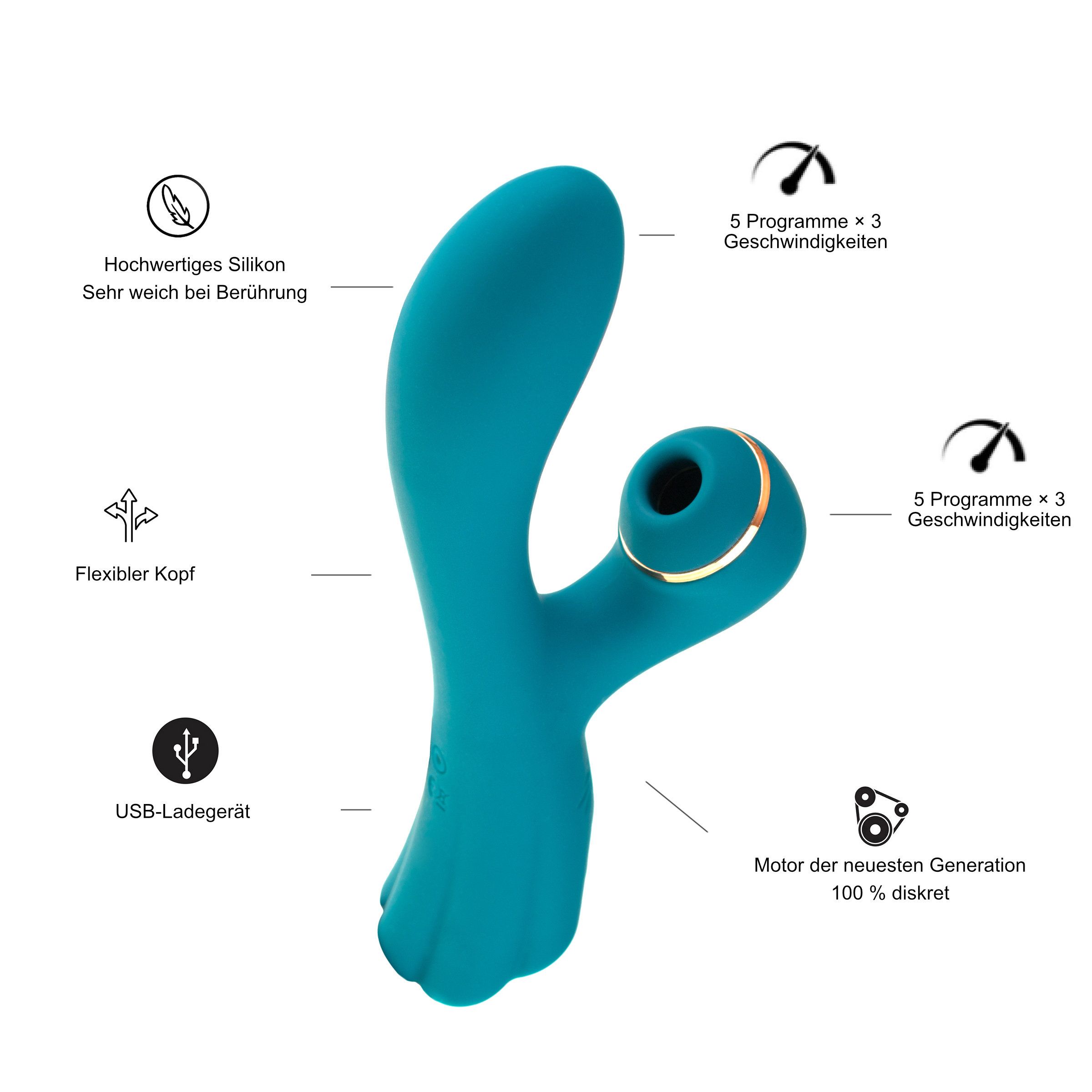 Vibrateur turquoise : tête flexible, chargeur USB, 5 programmes, 3 vitesses.