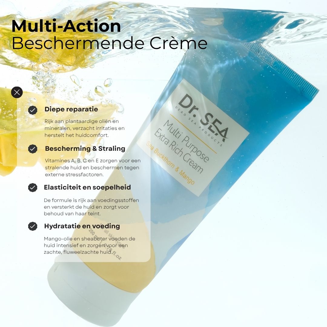 Tube DR. SEA Multi Purpose Extra Rich Cream, Mango. In water. Tekst met voordelen: diepe verzorging, bescherming, elasticiteit, hydratatie.
