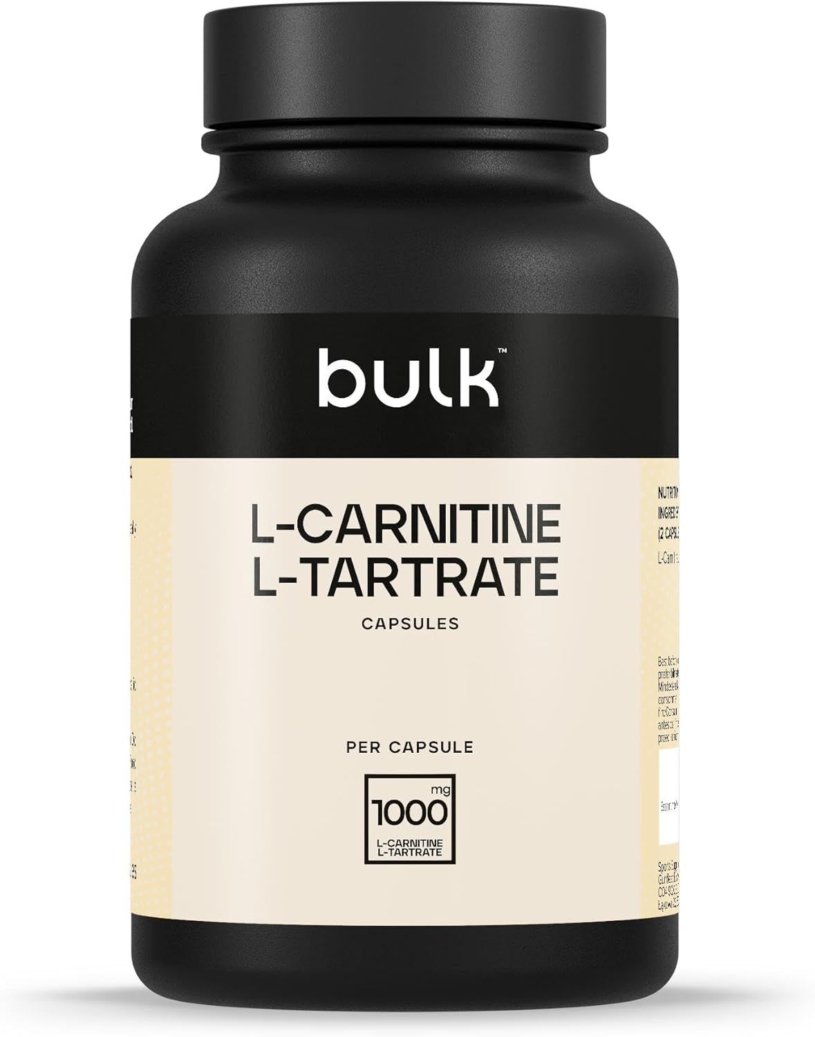 Flacon noir avec étiquette blanche. Inscription : Bulk, L-Carnitine L-Tartrate Capsules. 1000 mg par capsule.