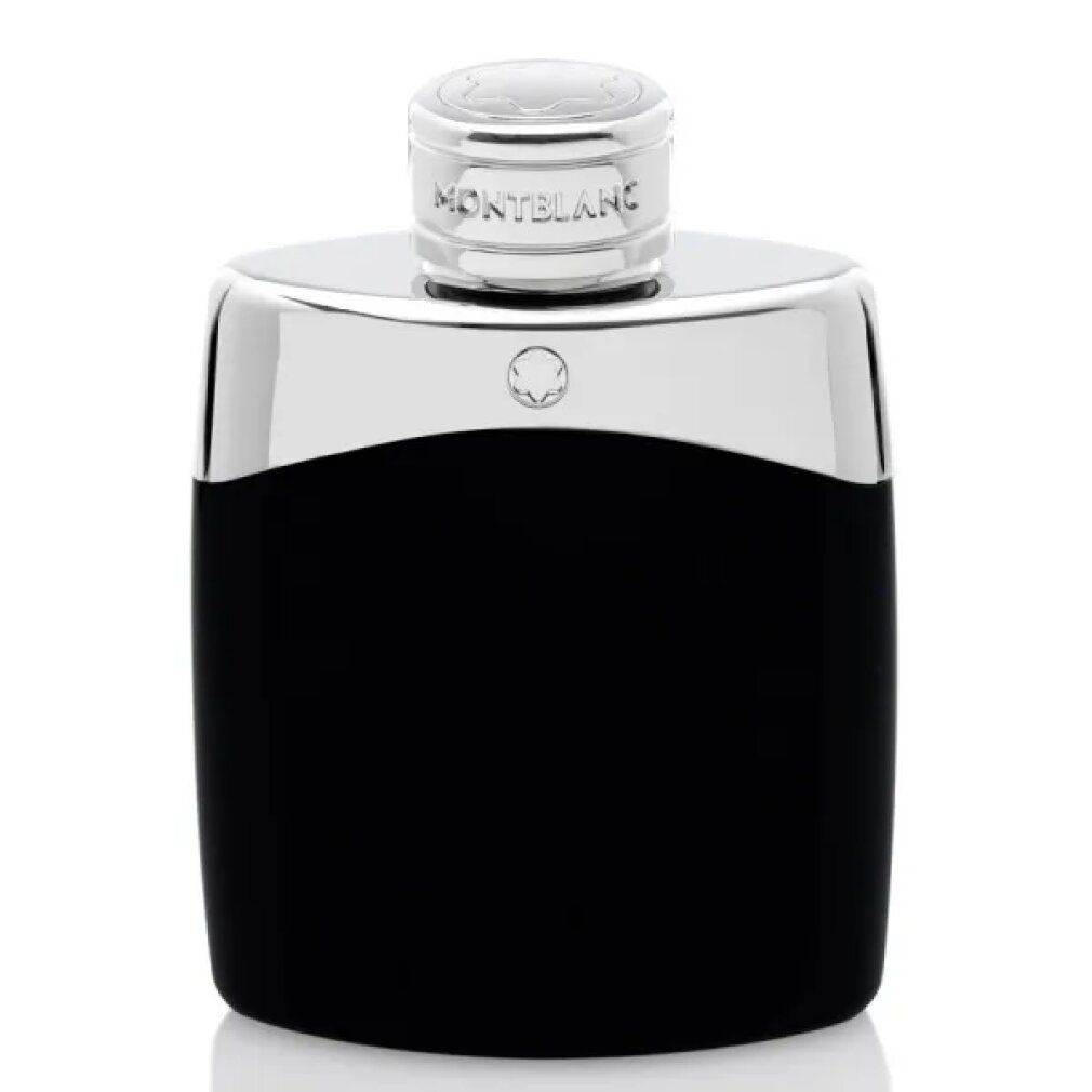 Flacon noir avec bouchon argenté. Inscription: MONTBLANC. Logo. Flacon sur fond blanc.