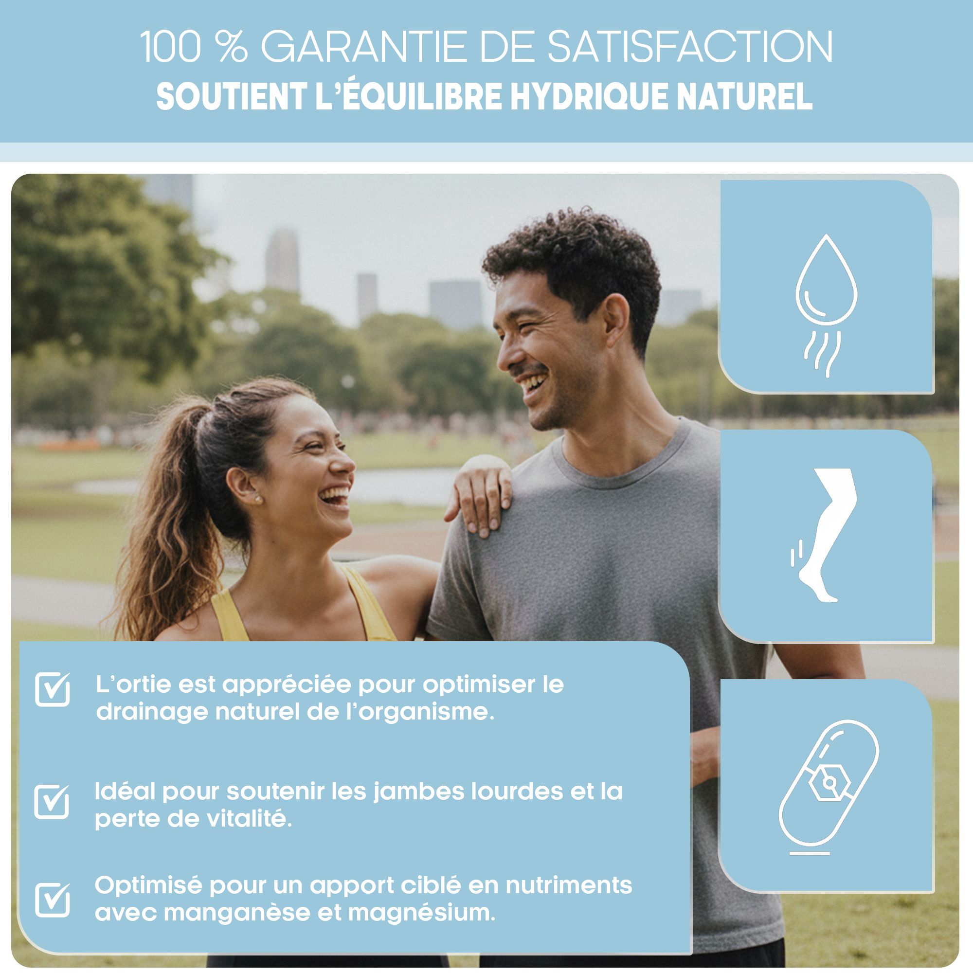 Couple en extérieur, Aqua Balance soutient l'équilibre hydrique et la vitalité.