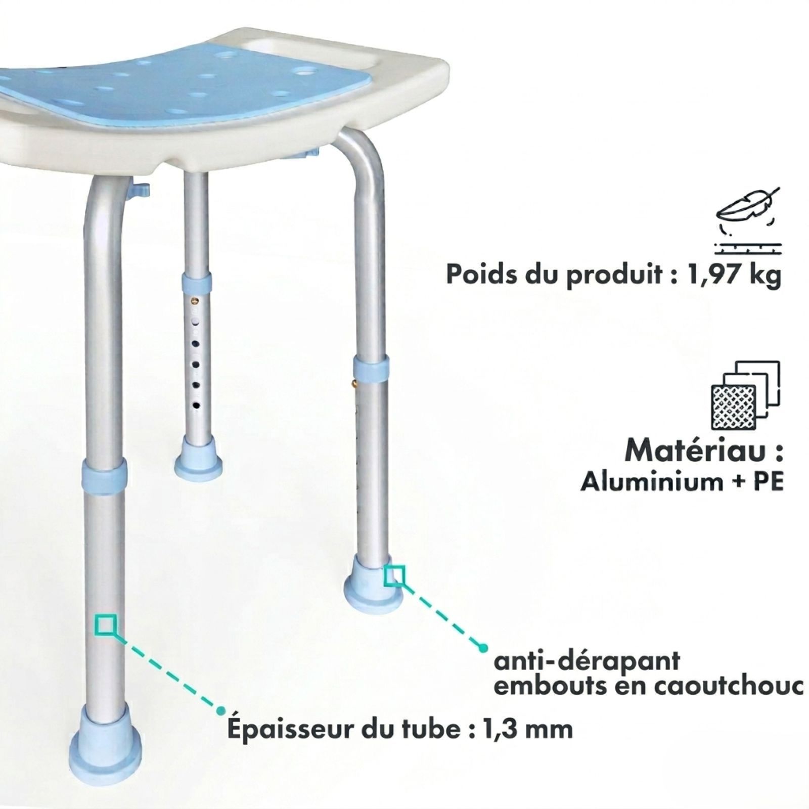Tabouret de douche bleu. Poids du produit : 1,97 kg. Matériau : Aluminium + PE. Embouts en caoutchouc antidérapants.