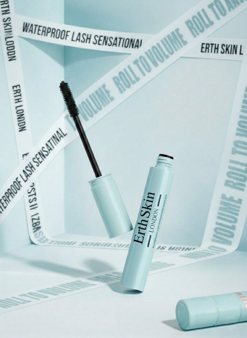 Erth Skin London waterproof mascara met applicator, omringd door lint met productnaam.