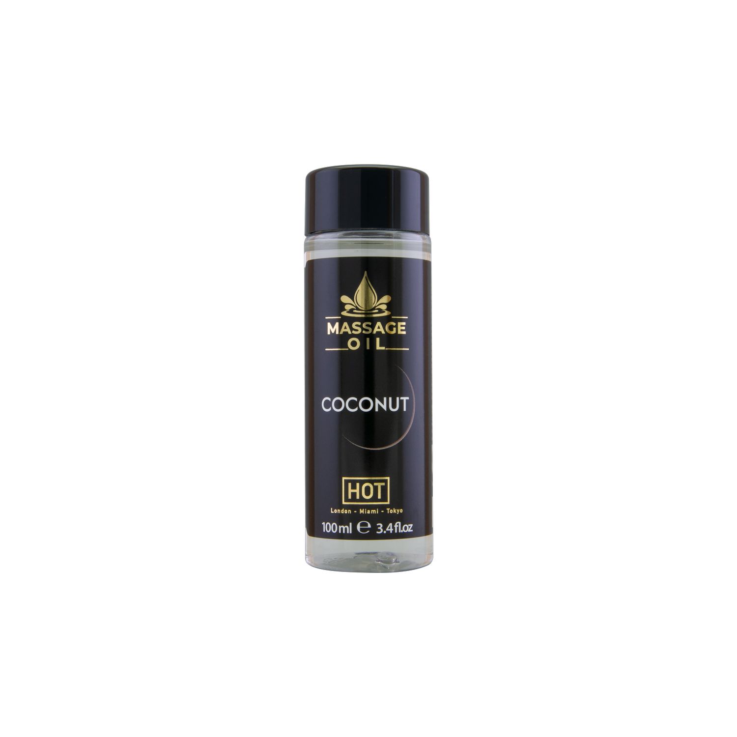Cilindrische fles met zwarte dop. Opschrift: Massageolie, Kokos, HOT. Volume: 100ml.