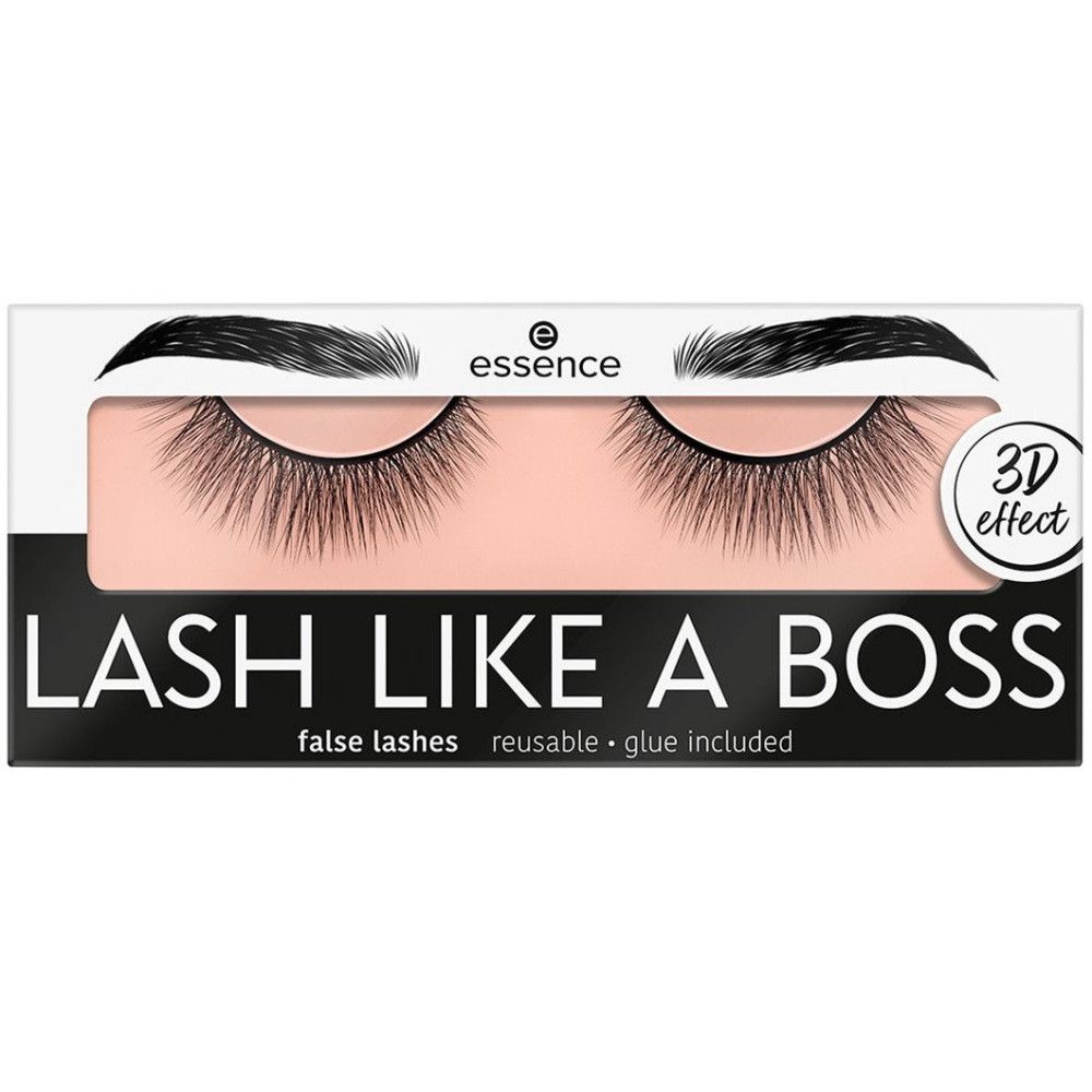 Verpakking met valse wimpers. Productnaam: LASH LIKE A BOSS. Merk: essence. Tekst: false lashes, reusable, glue included.