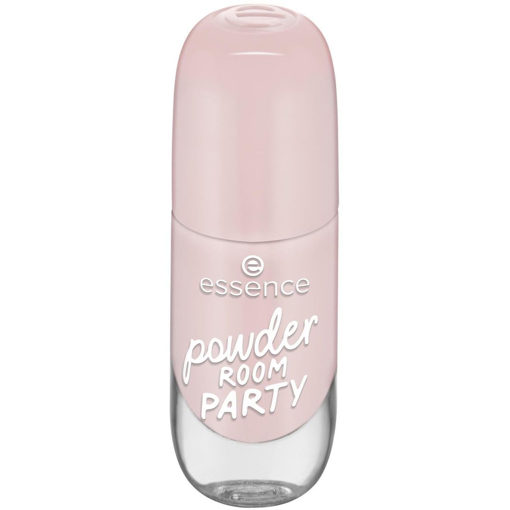 Flacon de vernis à ongles avec bouchon fermé. Vernis à ongles rose, flacon transparent. Inscription : powder room PARTY, marque : essence.