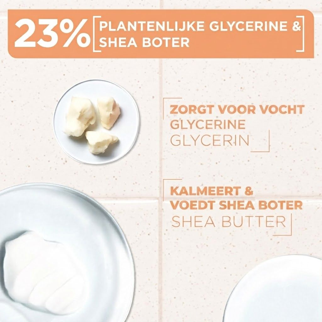 23% plantaardige glycerine & shea boter. Glycerine hydrateert, shea boter kalmeert en voedt.