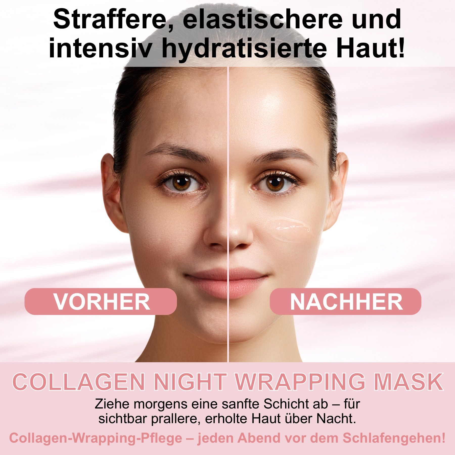Voor-en-na vergelijking van de huid na toepassing van Medicube Collagen Night Wrapping Mask.