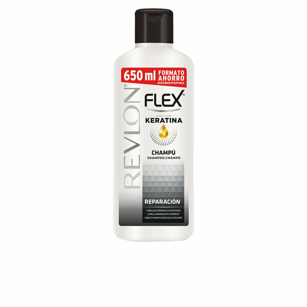 Bouteille de shampoing Revlon Flex Kératine 650ml, bouchon et étiquette noirs.