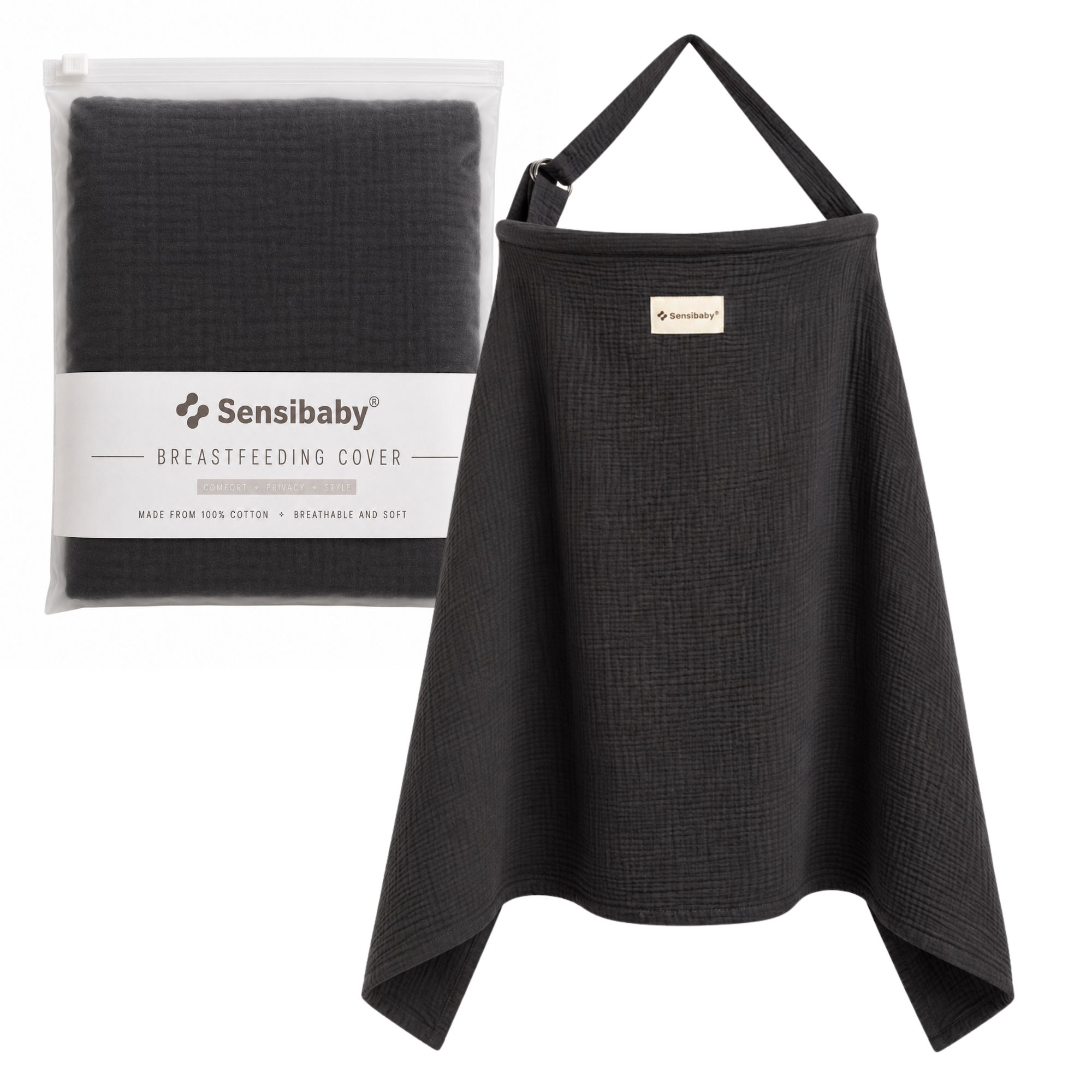 Drap d'allaitement noir en coton double couche avec sangle réglable et étiquette. Emballé dans une pochette transparente.