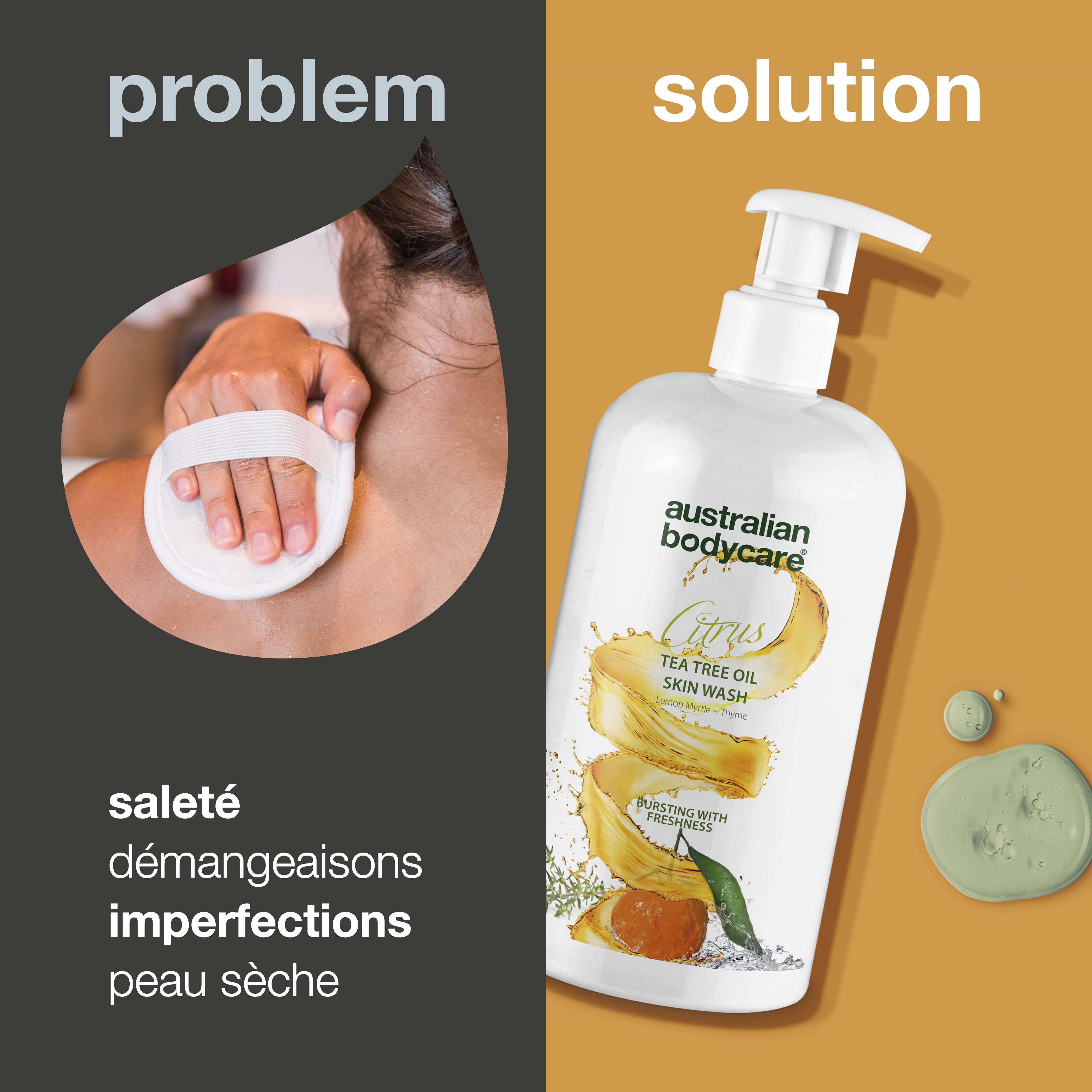 Image en deux parties. Gauche: personne avec une éponge. Droite: flacon Australian Bodycare Citrus Skin Wash.