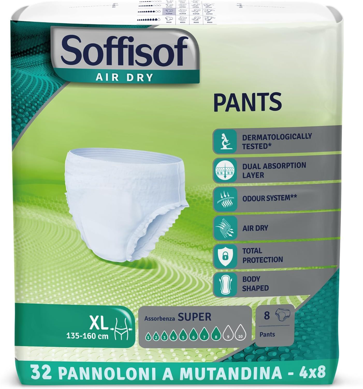 Soffisof Pants Super. Taille XL. 8 pièces. Testé dermatologiquement. Double couche absorbante. Air Dry.