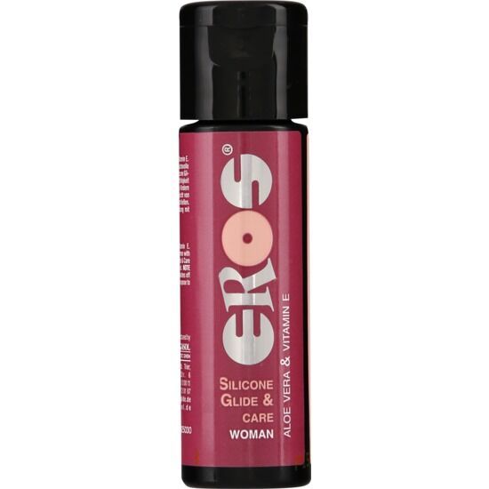 Fles met zwarte dop. Opschrift: EROS, Silicone Glide & Care, WOMAN, Aloe Vera & Vitamin E.