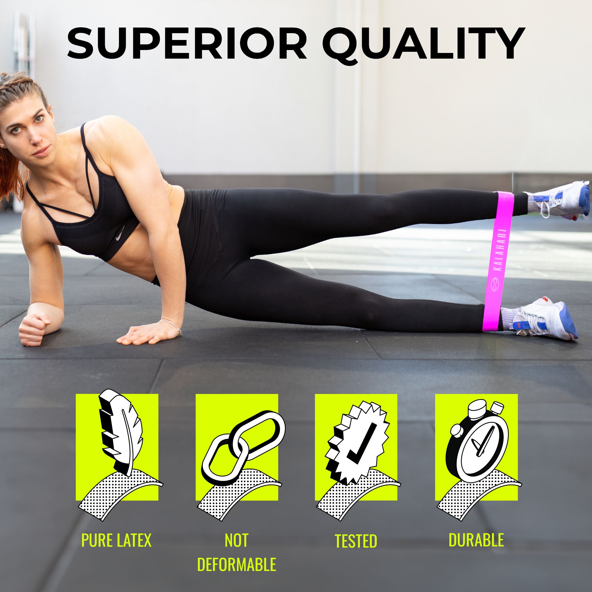 Vrouw met roze fitnessband om been, vier iconen: veer, ketting, vinkje, stopwatch.