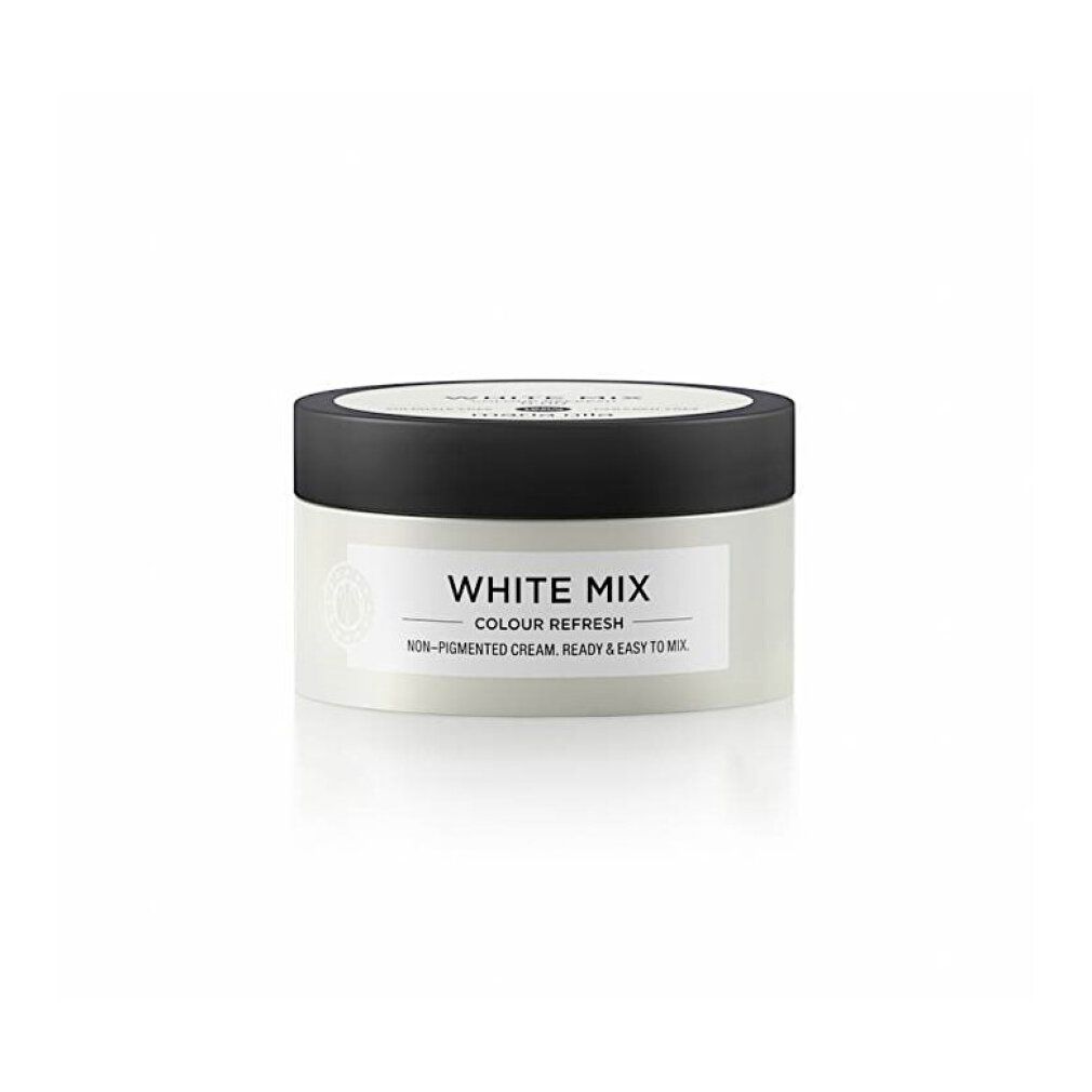 Witte pot met zwarte deksel. Opschrift: WHITE MIX COLOUR REFRESH. Niet-gepigmenteerde crème. Klaar en gemakkelijk te mengen.