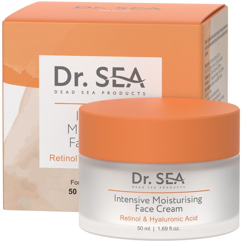 Crèmepot met oranje deksel. Op de verpakking staat "Dr. SEA" en "Intensive Moisturising Face Cream".