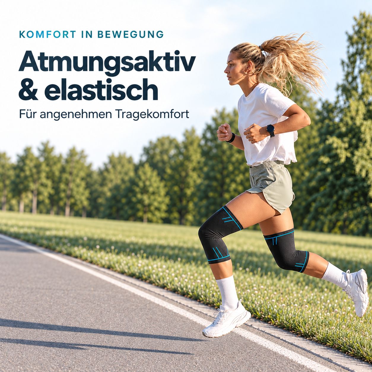 Coureuse portant des genouillères dans un environnement sportif.