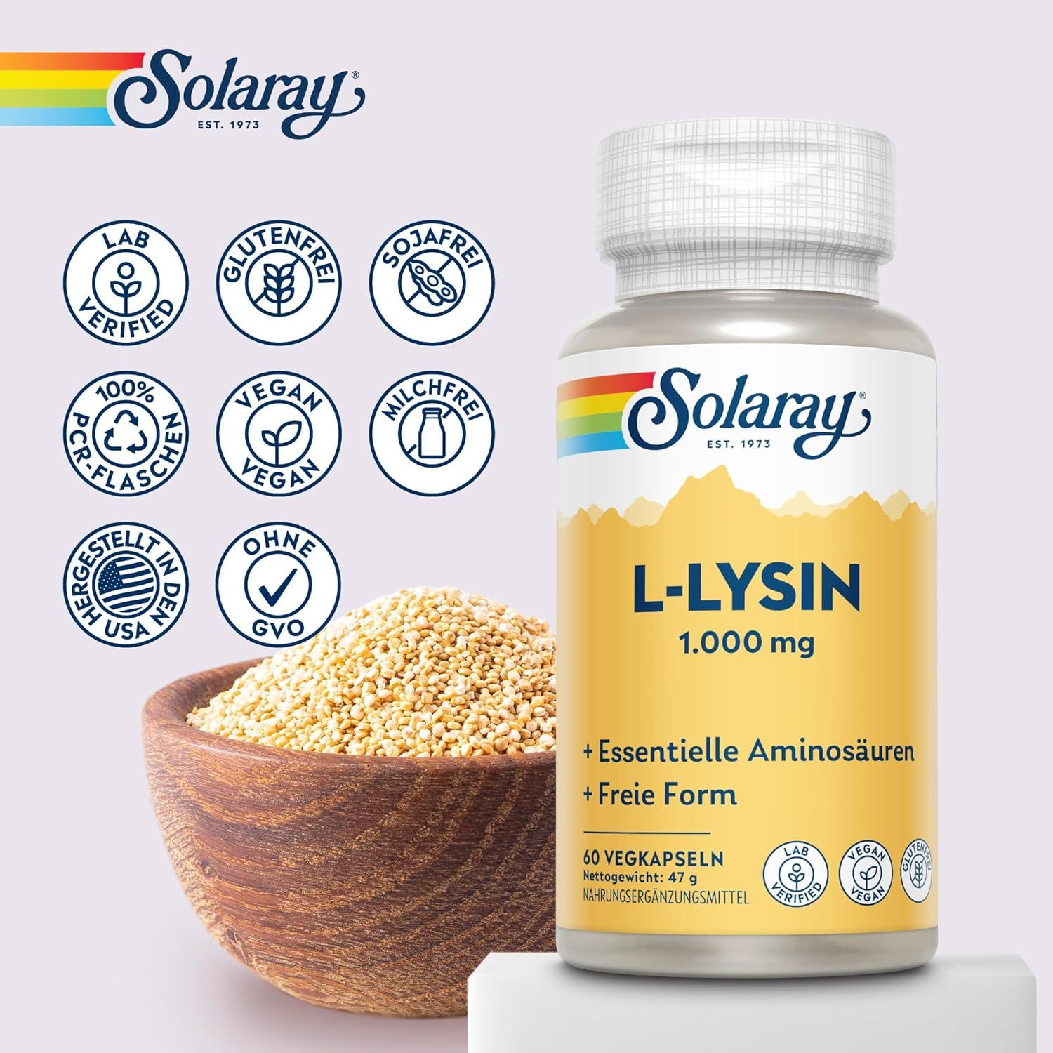 Gélules Solaray L-Lysine avec sceaux : Testé en laboratoire, 100% végétalien, sans gluten, sans soja, sans lait, sans OGM.