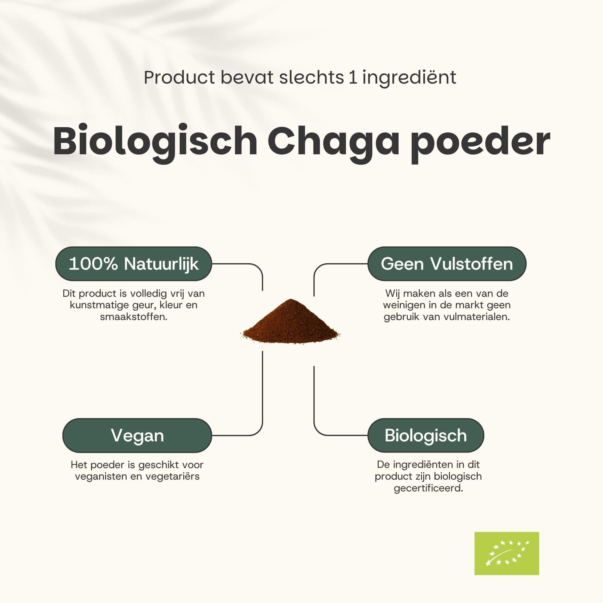 Diagram met Chaga poeder. Tekst: 100% natuurlijk, geen vulstoffen, vegan, biologisch. Met EU-bio logo.